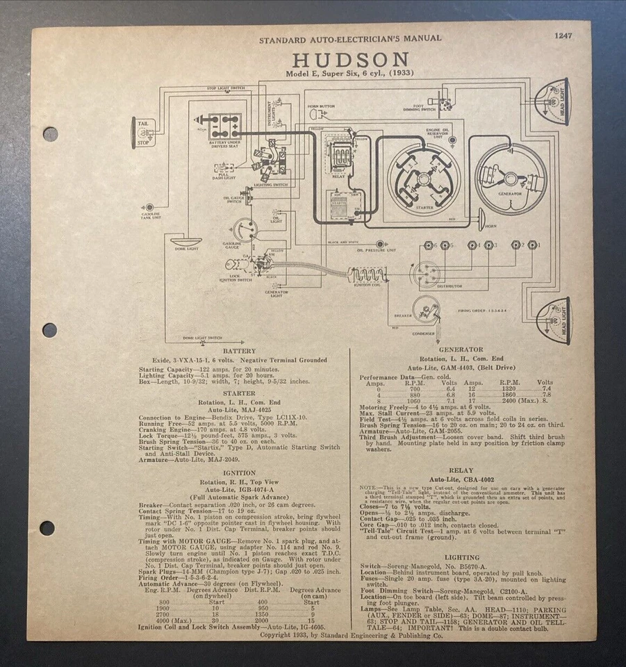 Auto Electrician Schematic 1933 Hudson Model E 1933 Hudson Model Pacemaker - Image 1 of 2