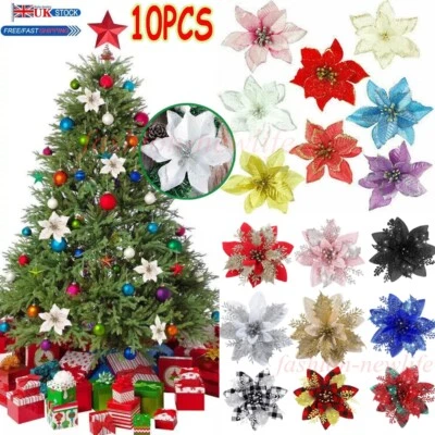 5/10X CHRISTMAS LARGE POINSETTIA GLITTER FLOWER XMAS TREE HANGING DECOR ORNAMENT - Image 1 of 4