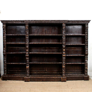 Large Victorian Oak Bookcase Carved Open Breakfront Bookshelves Antique Flemish