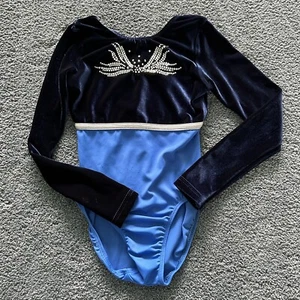 GK Elite Blue Velvet Silver Band Rhinestone Competition Gymnastics Leotard AXS - Picture 1 of 11