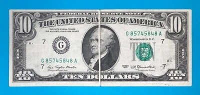 $10 Dollar Bill 1977 GUTTER FOLD FACE ERROR FRN (Chicago / G / 7) G 85745848 A - Image 1 of 4