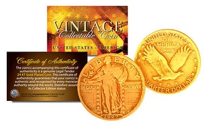 Original 1916-1930 STANDING LIBERTY Genuine SILVER Quarter U.S. Coin 24K GOLD  - Picture 1 of 3