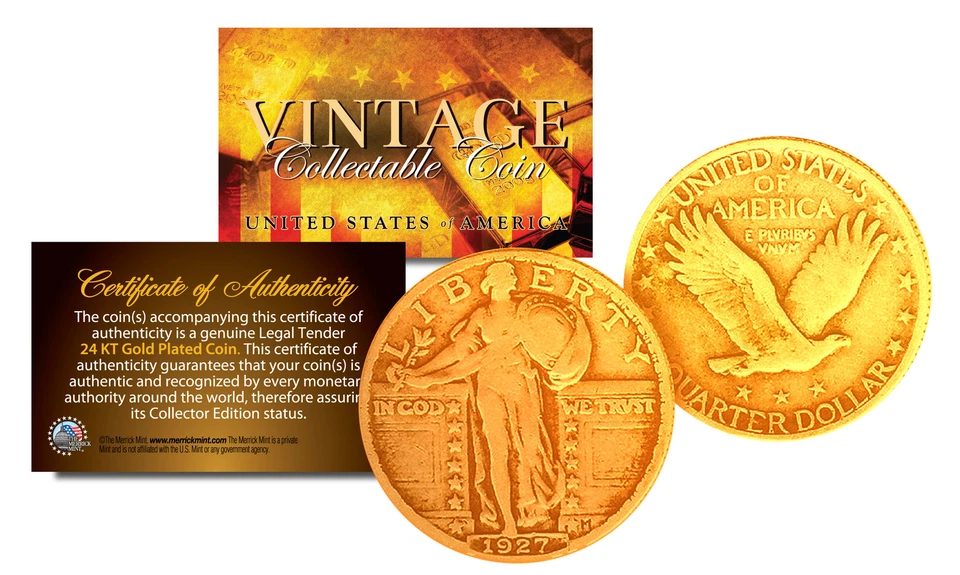 Original 1916-1930 STANDING LIBERTY Genuine SILVER Quarter U.S. Coin 24K GOLD  - Image 1 of 3