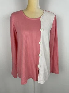 BLAIR Women's Medium Top Pink White Color Block Long Sleeve Ribbed Knit - Picture 1 of 9