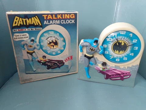 Working 1974 Batman & Robin Janex Talking Alarm Clock w/Original box. Tics/Talks Cover