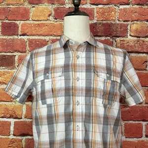 Prana Shirt Men’s Medium Orange Gray Plaid Short Sleeve Button Up Outdoor Casual - Picture 1 of 12