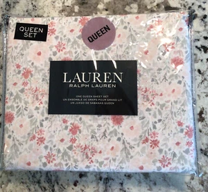 RALPH LAUREN White with Rose and Gray Floral Queen Deep Fitted Sheet Set NIP - Picture 1 of 4