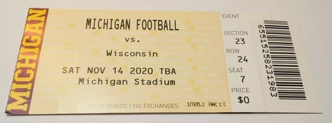 2020 Michigan Wolverines vs Wisconsin Badgers Football Ticket Stub Rare Cover