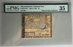 Massachusetts Colonial Note Fr#MA-281 PMG 35 HOLE IN CENTER SUPERB NOTE - Picture 1 of 2