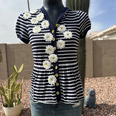 Anthropologie Daisy 纽扣短袖棉质连帽衬衫上衣 XS Moth 出品 — 第 1/4 张图片