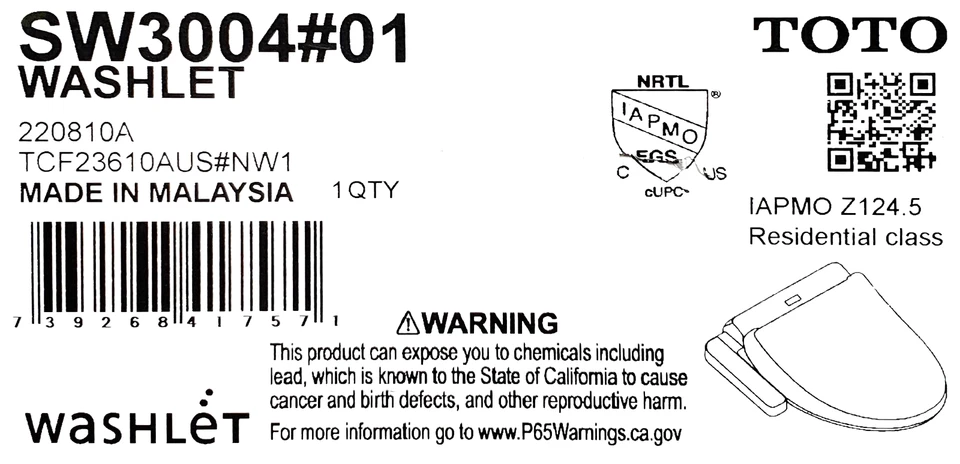 TOTO SW3004#01 WASHLET Elongated Electronic Bidet Seat-Heated Seat-Cotton White - Image 1 of 1