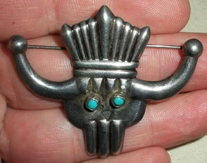 VINTAGE LARGE NAVAJO HORNED KACHINA HEAD TURQUOISE STERLING SILVER PIN vafo - Picture 1 of 6
