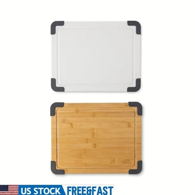 Juego de 2 tablas de cortar bambú poli antideslizante ranura de jugo preparación de cocina duradera Foto 1 de 4