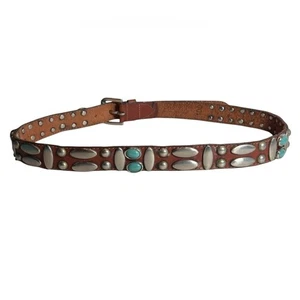 Studded Leather and Faux Turquoise Western Belt 30-34in Ladies - Picture 1 of 6