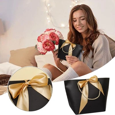 Classic Black Paper Bags with Gold Ribbon – Set of 6 for Party Favors and Gifts - Image 1 of 4