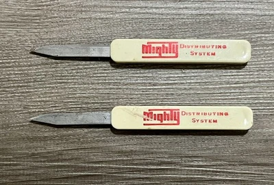 2x Cuchillo Deslizante Vintage Hoja de Bolsillo Publicidad PODEROSO SISTEMA DE DISTRIBUCIÓN Beige Foto 1 de 4