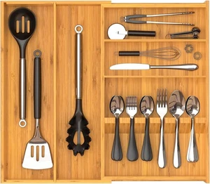 Yofidra Pure Bamboo Silverware Drawer Organizer: 16.9x18.9 Expandable Large Silv - Picture 1 of 7