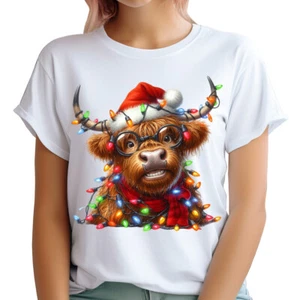 Highland Cow Christmas T-Shirt for Women -Cute Holiday Graphic Tee Funny Cow #MC - Picture 1 of 27