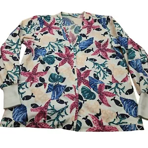 Ocean Scrub Jacket Womens M Fish Starfish Scrub Coat Medical Dental Aquatic - Picture 1 of 14