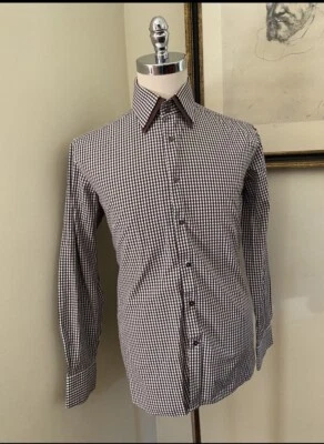 COOGI CLASSIC Double Collar Gingham Check Sport Shirt in Brown Size 16.5 - Image 1 of 4