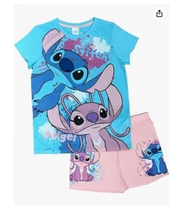 Girls Lilo & Stitch Pyjamas Shortie T Shirt Shorts PJs Size 5-13 Years Blue Pink - Picture 1 of 4