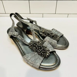 ALEX MARIE SZ 7.5 Silver LEATHER BEADED CUSHIONED FOOTBED WEDGE SANDAL - Picture 1 of 9