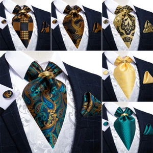 US Blue Paisley Mens Silk Ascot Cravat Tie Set Hanky Cufflinks for Wedding Ring - Bild 1 von 22