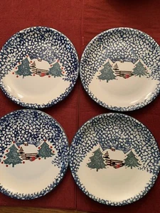 4pc Set Cabin in the Snow Dinner Plates Blue Sponge Red Dot Tienshan Folk Craft - Picture 1 of 4
