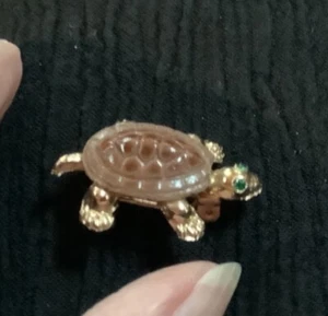 Turtle brooch pin 1" gold tone brown green rhinestones tiny cute - Picture 1 of 5