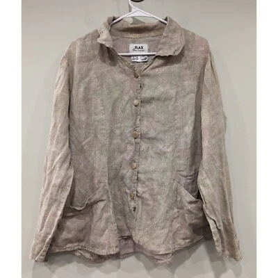 FLAX Women's Lagenlook 100% Linen Oatmeal Green Pink Blazer Jacket Top Medium - Image 1 of 4