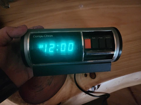 Rare Vintage Compu Chron Digital Green LED Alarm Clock silver Model 5930 Cover