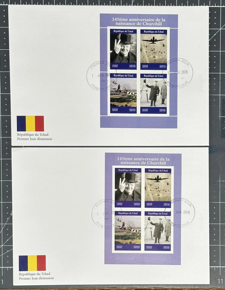 Chad 2019 (2 FDC) Winston Churchill Cover Military Aviation (PERF. + IMPERF.) - Image 1 of 3