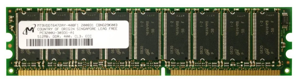 MT9VDDT6472AY-40BF1 Micron 512MB 184 Pin PC3200 DDR-400MHz CL3 ECC Unbuffered - Image 1 of 1