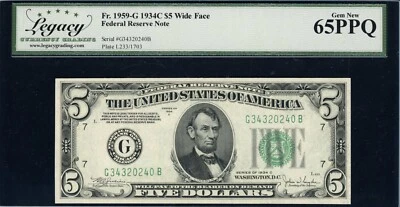 1935 C $5 Federal Reserve Note Chicago Fr 1959-GW Wide GB Block Legacy 65 PPG - Image 1 of 2