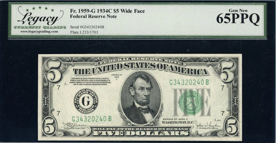 1935 C $5 Federal Reserve Note Chicago Fr 1959-GW Wide GB Block Legacy 65 PPG - Image 1 of 2