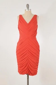 Halston Heritage Dress 4 Bright Red Ruched Jersey Sleeveless V-Neck Sheath - Picture 1 of 7