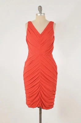 Halston Heritage Dress 4 Bright Red Ruched Jersey Sleeveless V-Neck Sheath - Image 1 of 4