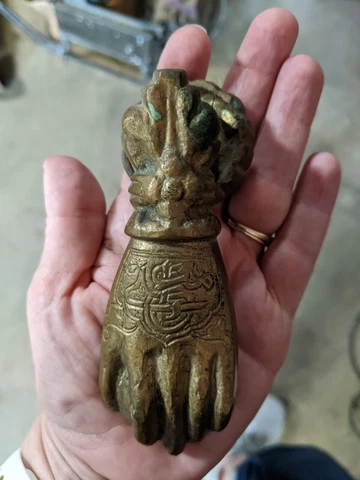 Antique Vintage Solid Brass Metal HAND BALL Old DOOR KNOCKER Hardware 1800s Cover
