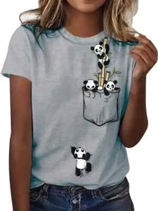 T-shirt manica corta stampa panda, girocollo casual per primavera ed estate, donna - Foto 1 di 7