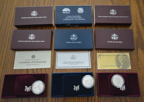 THREE Commemorative Silver Dollar Lot  1988 Olympic,  Jefferson, and  1st Flight Cover