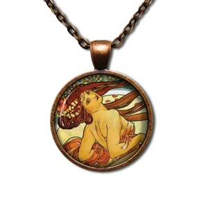 Art Nouveau Mucha's Dance - Handmade ROUND Glass Pendant Necklace Antique Copper - Picture 1 of 5