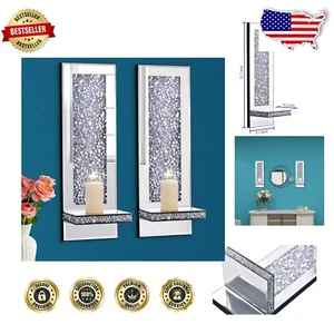 Polished Silver Rectangle Candle Sconces with Crushed Diamond Design - Set of 2 - Picture 1 of 6