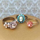 Michal Negrin Lot Rings 3 Dainty Roses Cabochon Cameo Victorian Revival Crystals