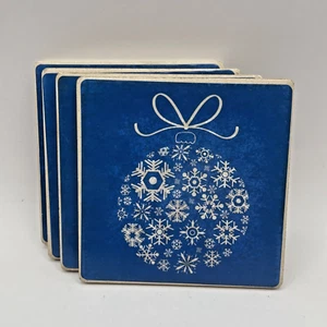 Snowflake Cork Back Ceramic Coasters Bright Blue & White Vintage Ornament Design - Picture 1 of 8