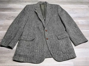 Vintage Harris Tweed Blazer Mens M/L Gray Herringbone Wool Sport Coat USA Made - Picture 1 of 13
