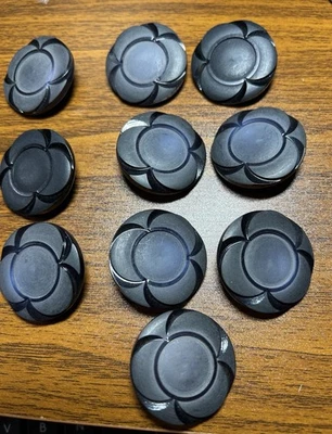 Buttons 10 Black and gray floral design round shank back 1 3/8"  plastic VTG - Image 1 of 4