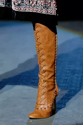 ROBERTO CAVALLI Brown Leather Lace Up Knee High Boots 39.5 Brown Heels Vintage - Image 1 of 4