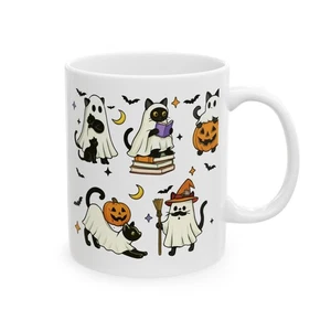 Keramiktasse mit Halloween-Motiv | süße Geister & Katzen | perfektes Geschenk für den Herbst - Bild 1 von 7