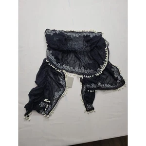 Anthropologie Neu mit Etikett Schal Stola bestickt schwarz weiß Quaste bestickt 98" lang - Bild 1 von 10