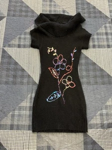 Vintage 90's Coatigan Mini Dress Black Whimsical Embroidery Fairy Grunge Women S - Picture 1 of 10